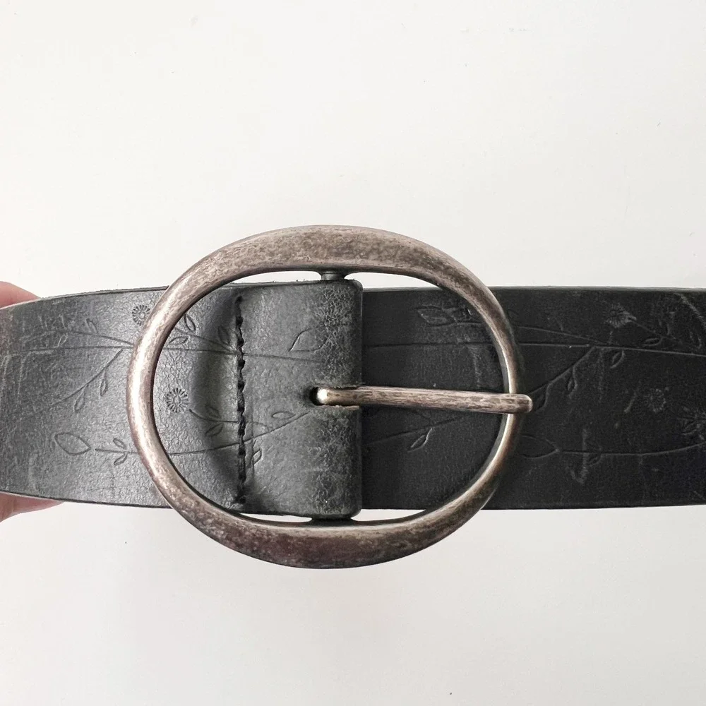 Eddie Bauer Leather Belt XL Black Floral Vine Embossed Boho 90s Silver Buckle
